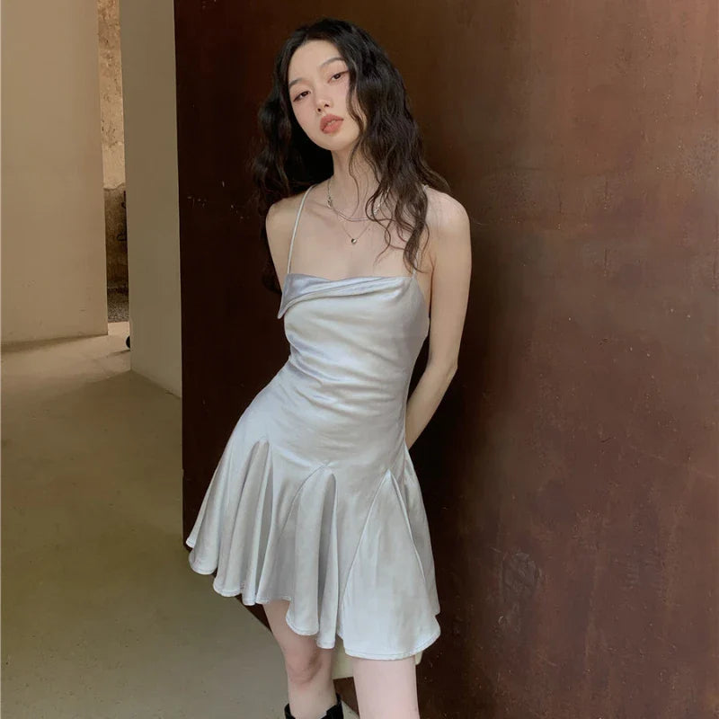 maoxiangshop Sexy Satin Mini Dress Summer Women Evening Party Dress Y2k Backless Beach Dresses Ruffle Bandage Korean Fashion
