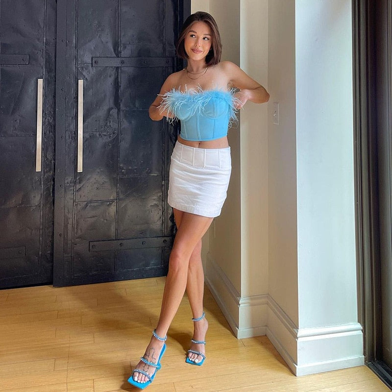 maoxiangshop Women Tube Tops Solid Color Feather Furry Trim Sleeveless Off Shoulder Backless Back Zipper Slim Fit Crop Tops