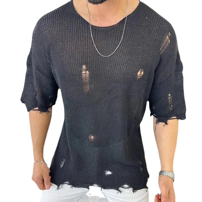maoxiangshop Mens Sweaters Korean Advanced Knitwear Hole Autumn Winte Loose Knit Leisure Sweater Couples Men's Clothing Pullover