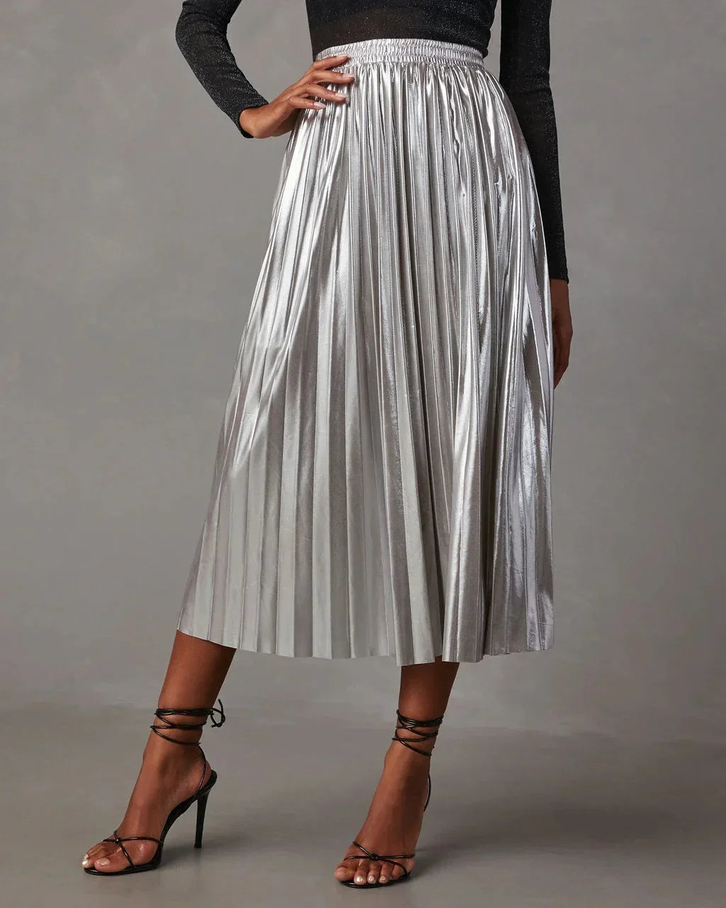maoxiangshop - New Fashion Giny Pleated Long Skirts Autumn Winter High Waist A- Shaped Midi Long Metallic Pleated Skirt for Women Skirts
