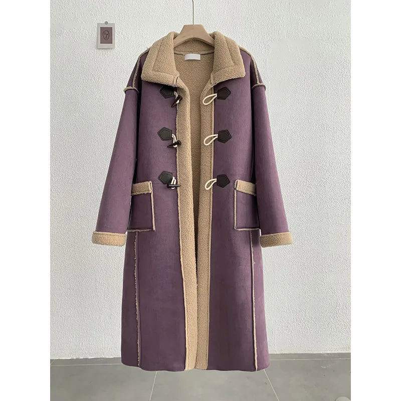 maoxiangshop - Korean Winter Fashion Suede Lamb Wool Splice Coat Fashion American Retro Coat High-End Long Single-Breasted Thicken Warm Coat
