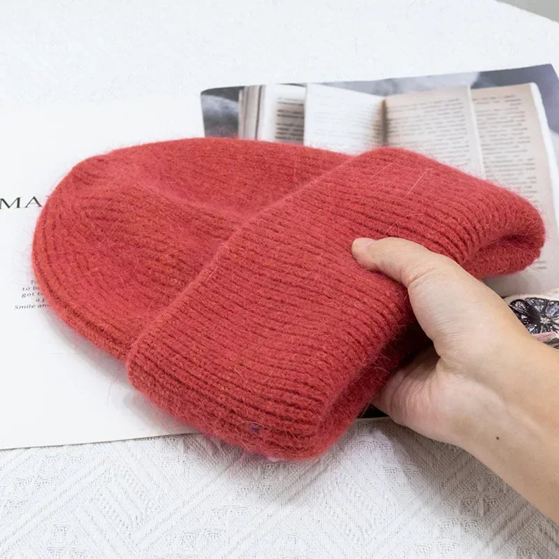 maoxiangshop 21colors Autumn Angola Rabbit Fur Knitted Beanies Winter Skullies Women's Hat Fashion Solid Warm Cashmere Wool Three Fold Thick