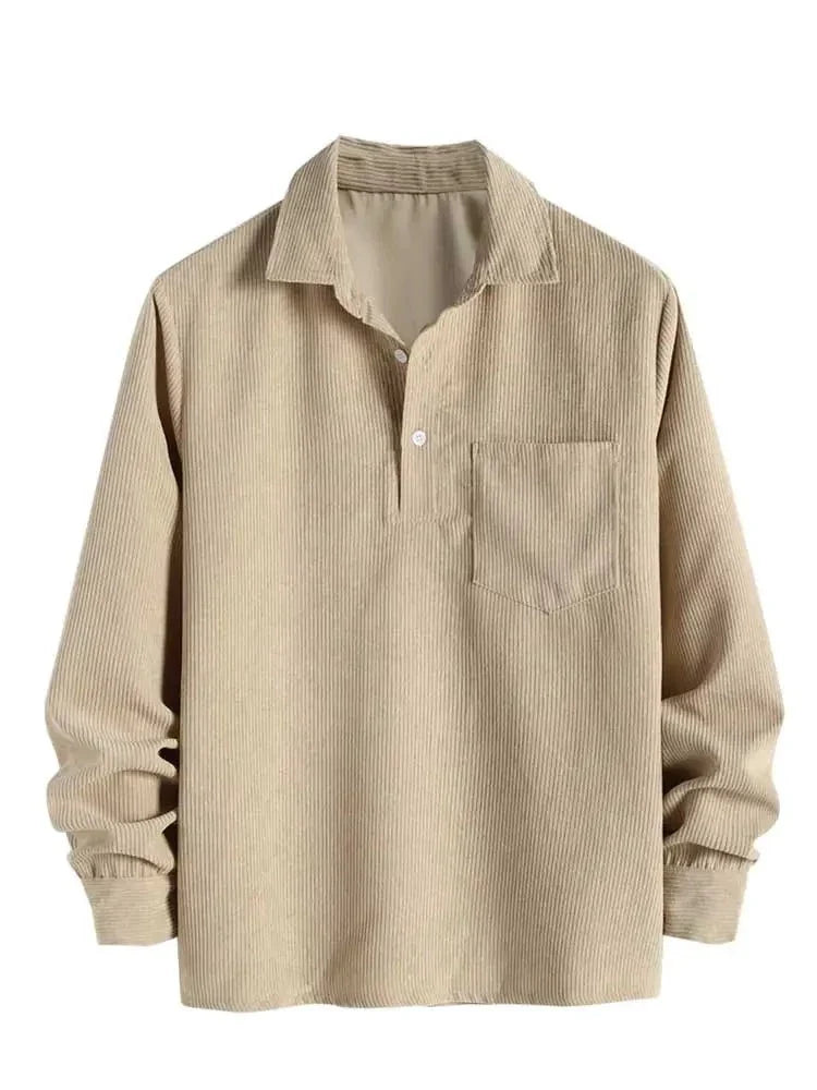 maoxiangshop Shirts for Men Corduroy Long Sleeves Shirt Half Button Solid Blouses Fall Spring Streetwear Overshirts Tops with Pocket