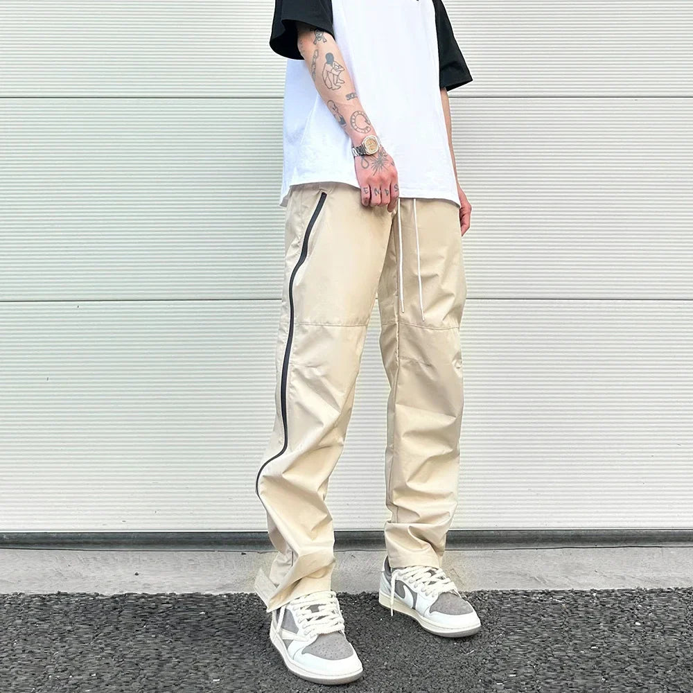 maoxiangshop High Street Vibe Functional Tapered Pants Glue Pressed Side Zipper Nylon Trousers Baggy Casual Thin Tactical Pants for Men