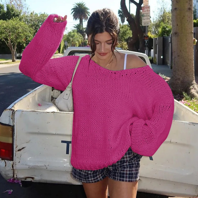 maoxiangshop - Loose Big V Neck knitted Sweater For Women Casual Solid Color Pullovers Top Long Sleeve Hollow Top Autumn Winter New 2024