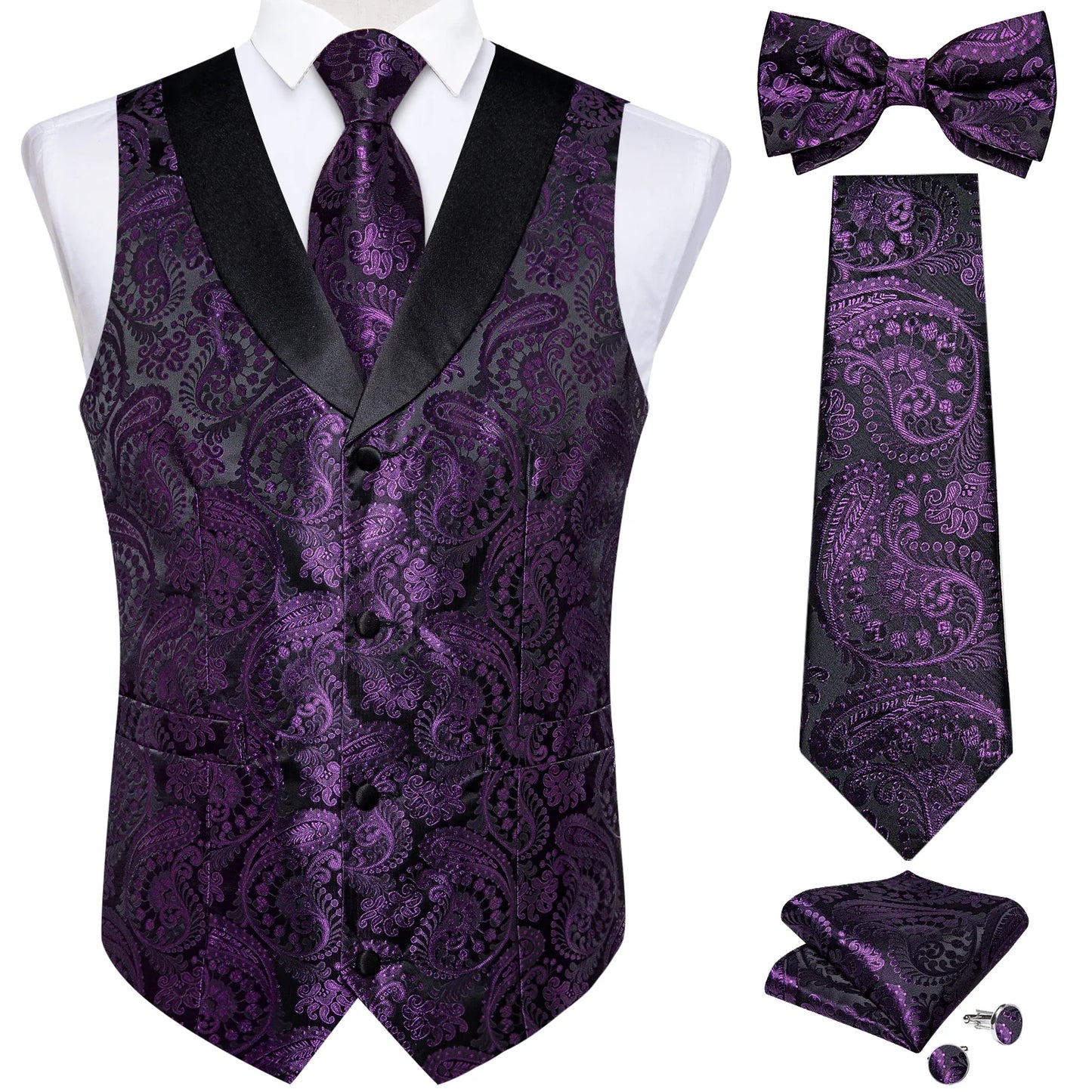 maoxiangshop Brand Suit Vest Set For Men Luxury Silk Black Gold Paisley Dress Vest Tie Cufflinks Handkerchief Set Male Sleeveless Waistcoat