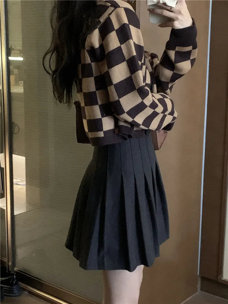 maoxiangshop Checkerboard Crop Cardigan V-neck Button Up Knitted Sweaters Women Autumn Winter Outfit