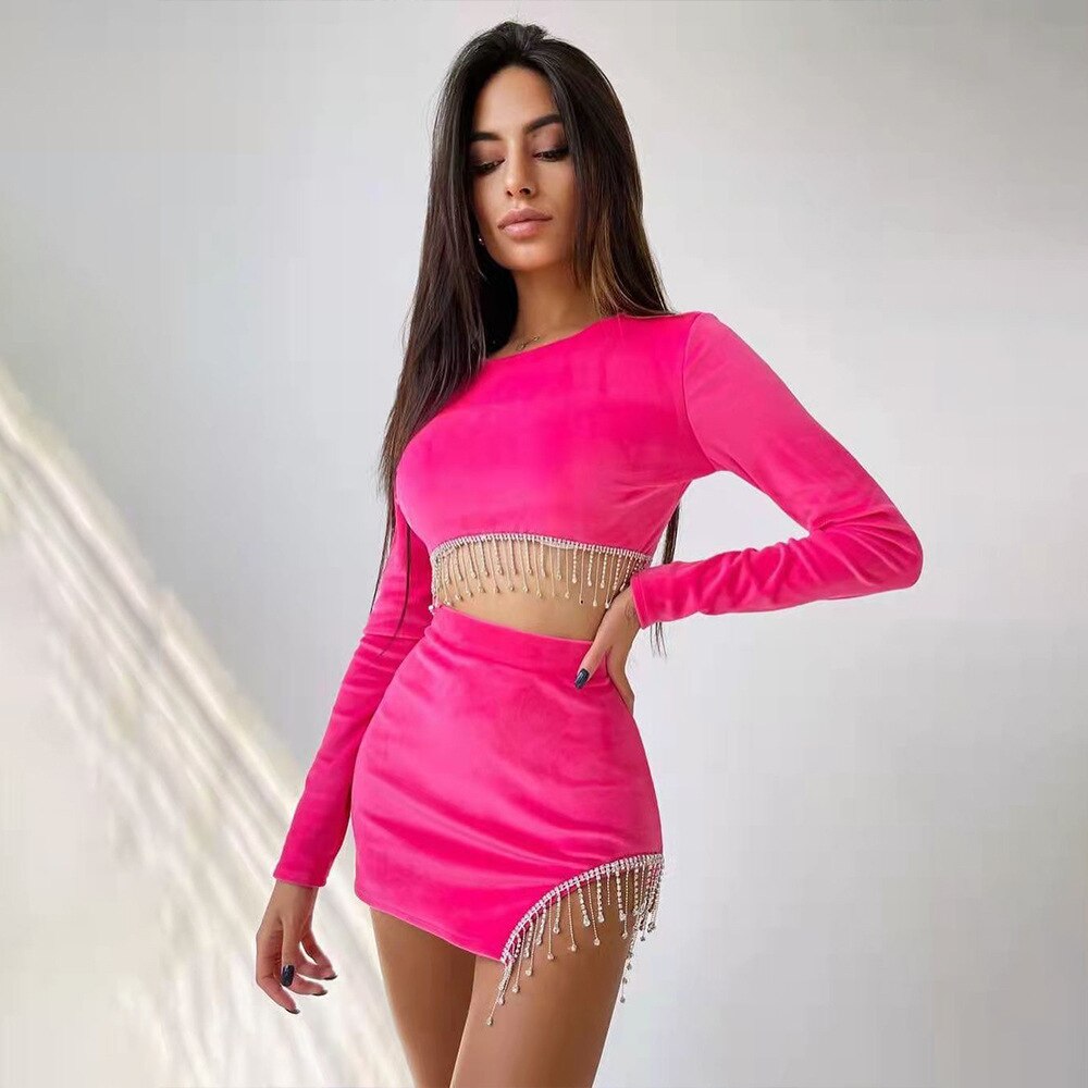 Y2K Summer Fashion Black Sexy Mini Dress Two-Piece Suit Long Sleeves Top And Split Skirts Sets For Women‘s Clothes Party