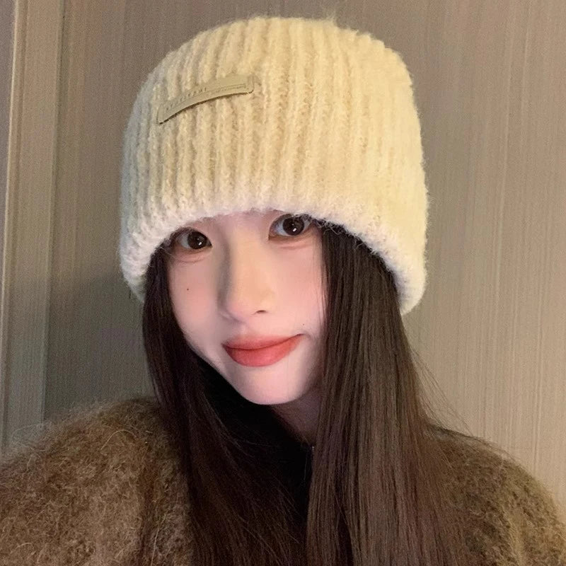 maoxiangshop - Knitted Heap Heap Beanie Hat for Women Solid Leather Label Pullover Cap Winter Thickened Warm Woolen Hats Outdoor Cycling Bonnet