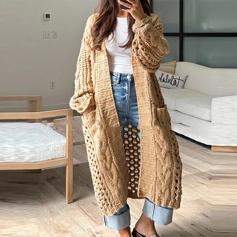 maoxiangshop - 2024 Casual Solid Color Pocket Coat Ladies Elegant V Neck Hollow Knitted Cardigan Autumn Winter Thick Warm Loose Sweater Outwear