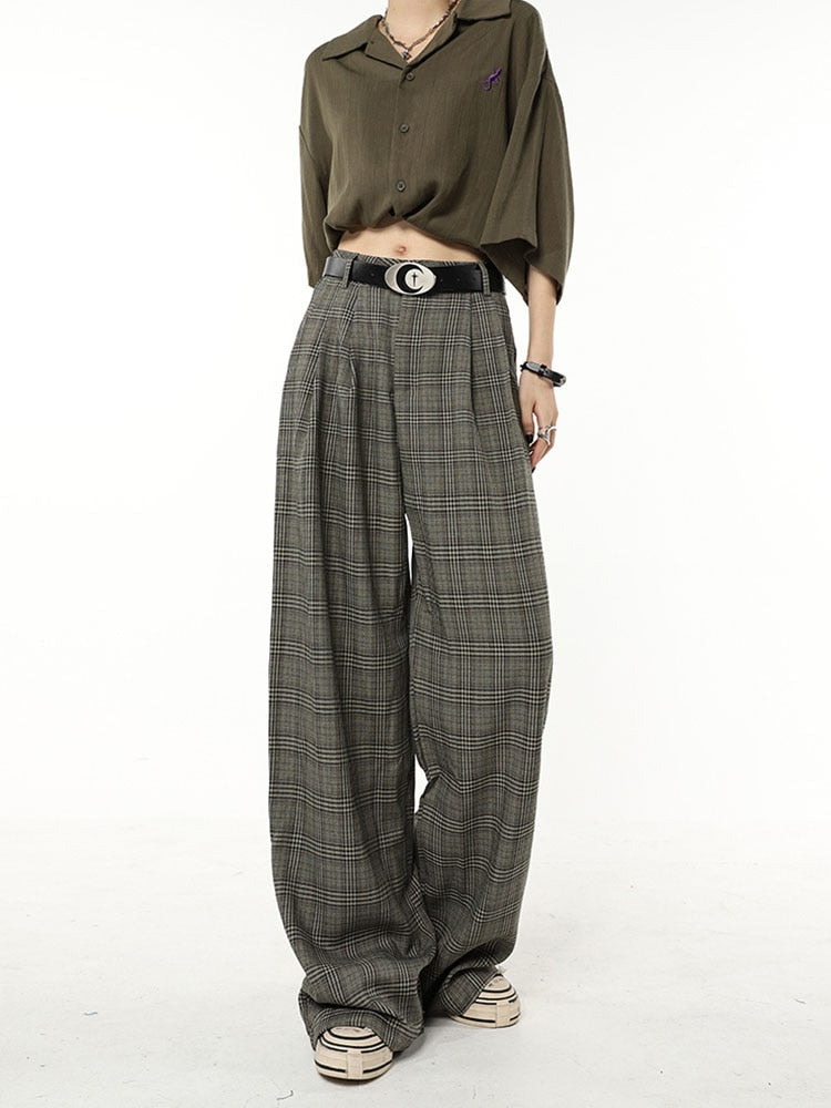 maoxiangshopClassic Retro Plaid Design Harajuku Straight Women Long Trousers Loose Wide Leg Pants Baggy Korean Fashion Y2k Streetwear