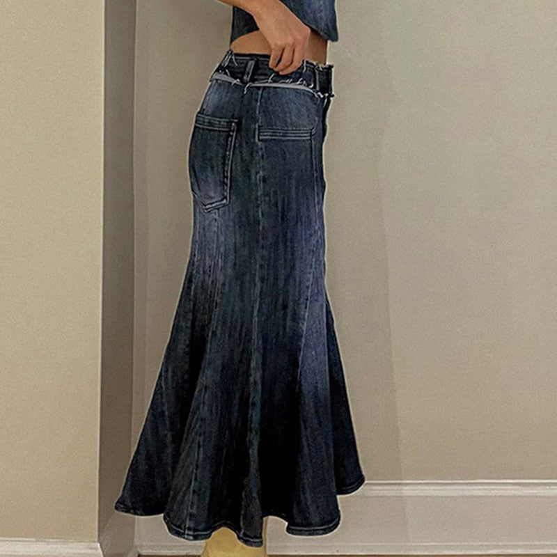 maoxiangshop Sexy Denim Skirt Women Set Tube Tops Fur Edge Mermaid Dress Female Streetwear Set Summer Slim Sleeveless Spicy Suits