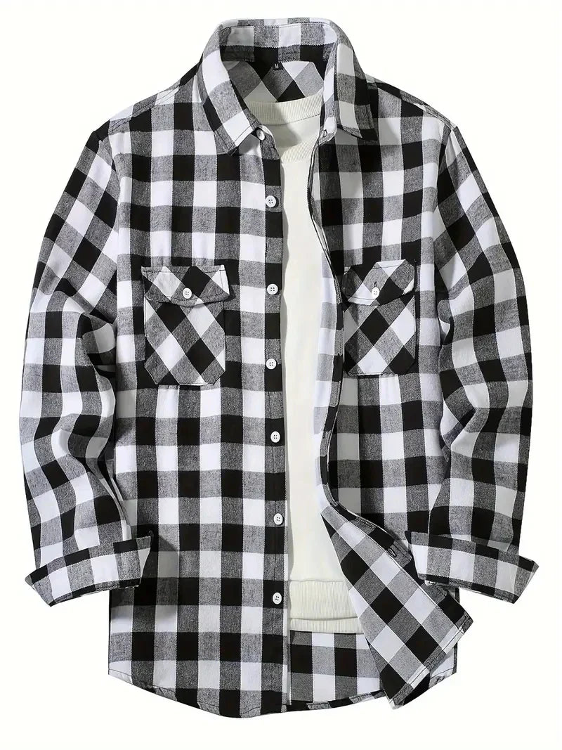 maoxiangshop Men's Shirts Button-Up Classic Plaid Smart Casual Flannel Shirt Long Sleeved Chest Two Pockets Design Spring Autumn Men Tops