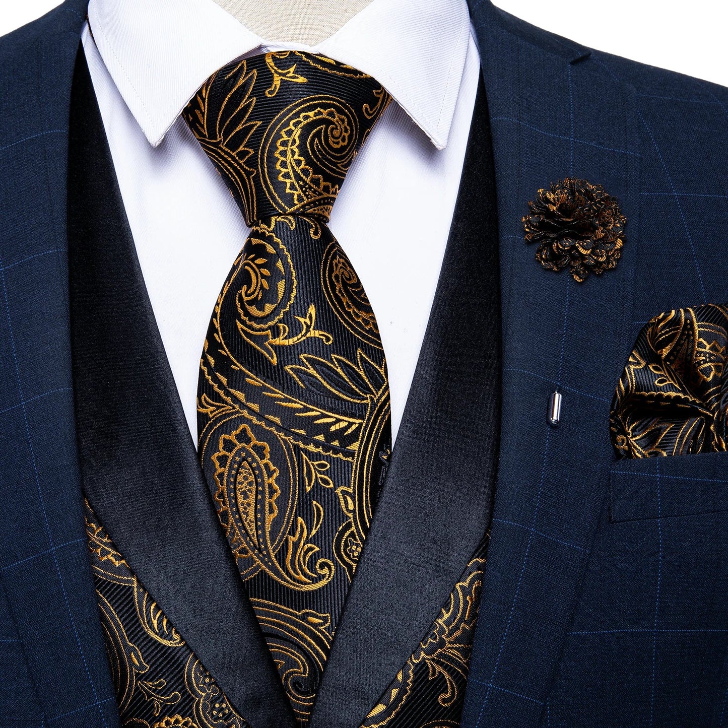 maoxiangshop Brand Suit Vest Set For Men Luxury Silk Black Gold Paisley Dress Vest Tie Cufflinks Handkerchief Set Male Sleeveless Waistcoat
