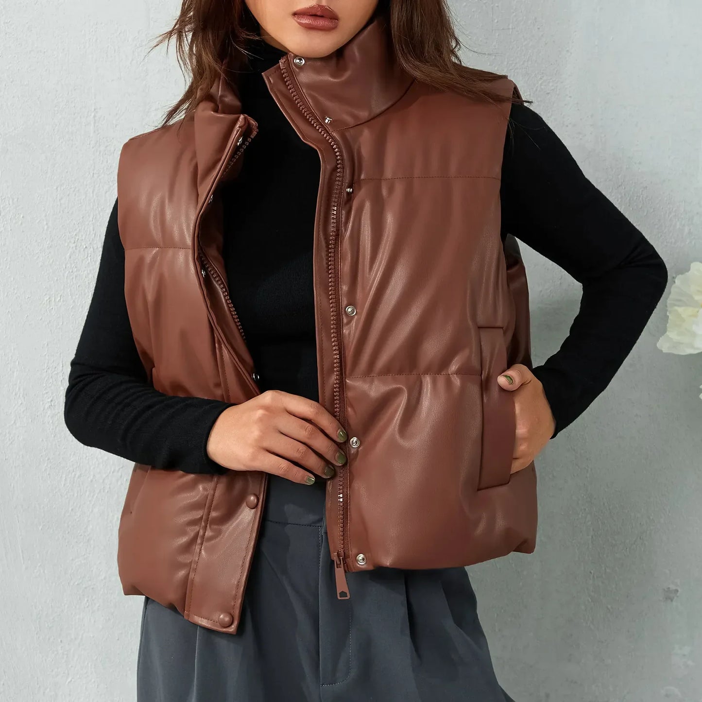Zip-Up winter vest for women Black Coat Mock-Neck Tops Winter Casual Black Stand Collar PU Leather Coats Female Ladies