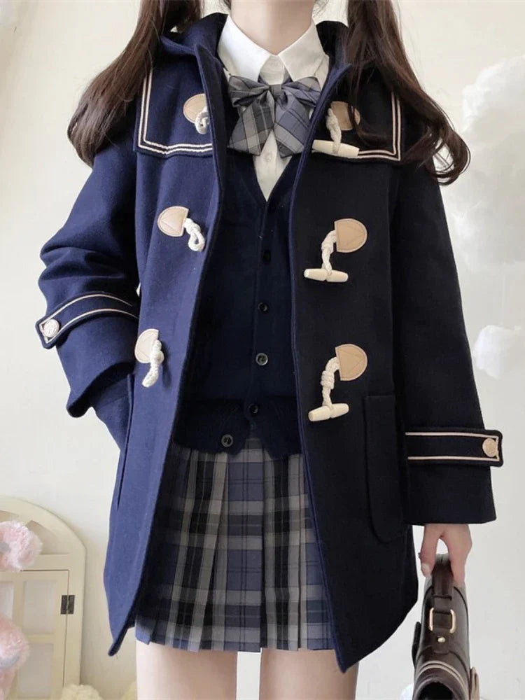 Solid Warm JK Style Girls Wool Blends Long Coats Jacket Winter Metal Single-breasted Sleeve Casual Warmness Outwears