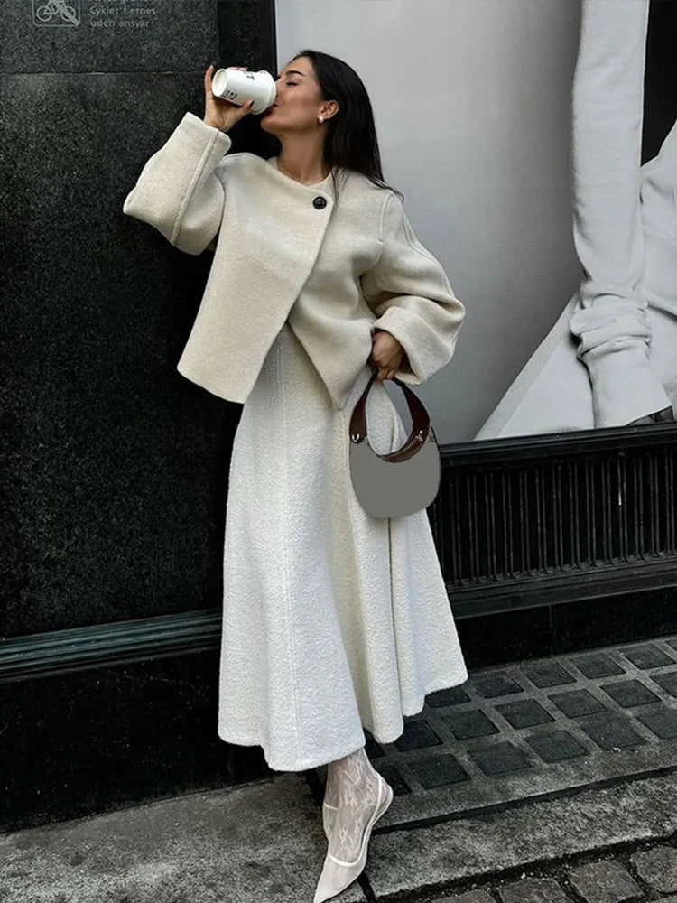 maoxiangshop - Chic Woolen Women's Short Coats O Neck Long Sleeve One Button Coat 2024 Autumn Winter Elegant Female Commute Outerwears