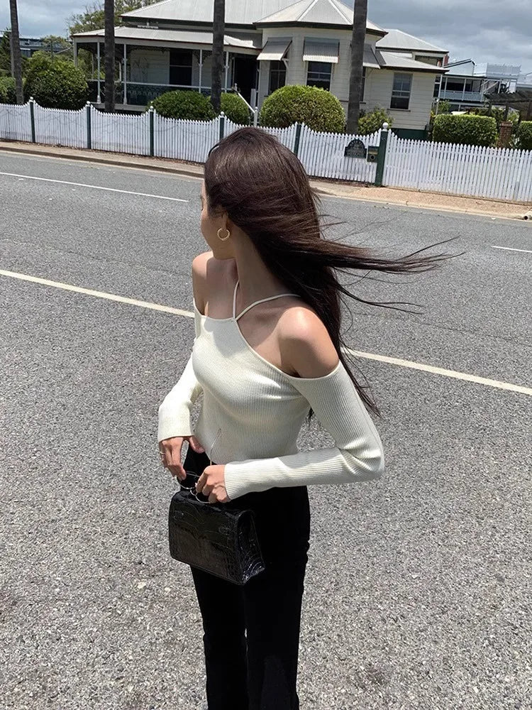 maoxiangshop - Design Sense Off Shoulder Top For Women's Spring And Autumn Niche Slim Fit One Shoulder Hanging Neck Knitted Top