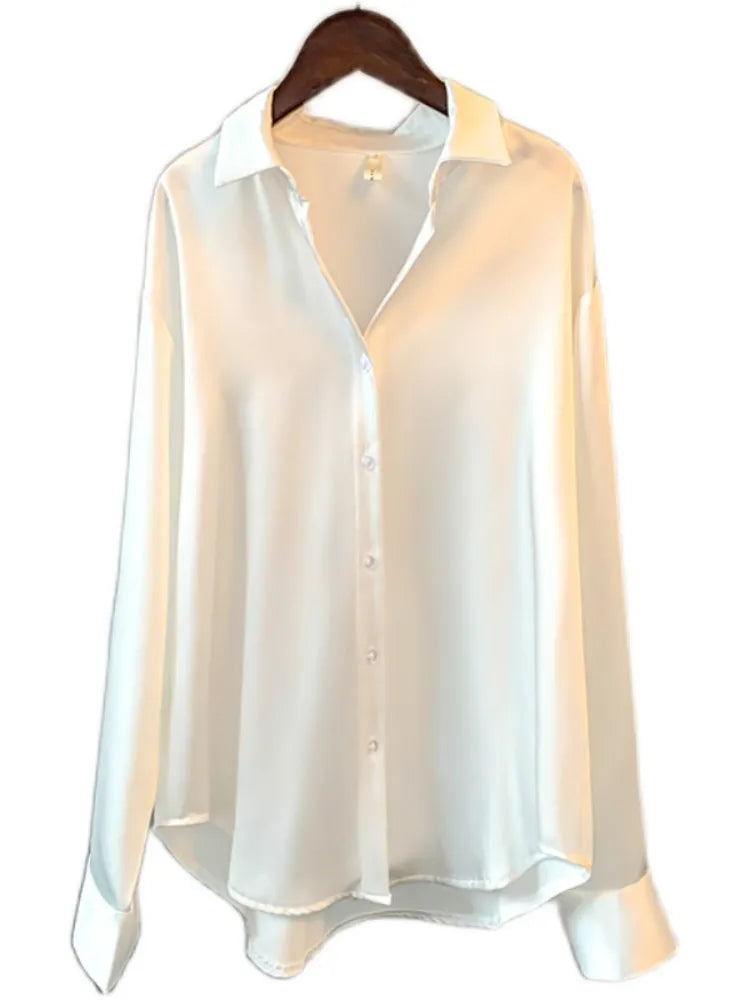maoxiangshop Office Lady Sheer Top Long Sleeve Shirt Overshirt Satin Shirt Womens Clothing Elegant Women's Luxury Designer Blouses Korean