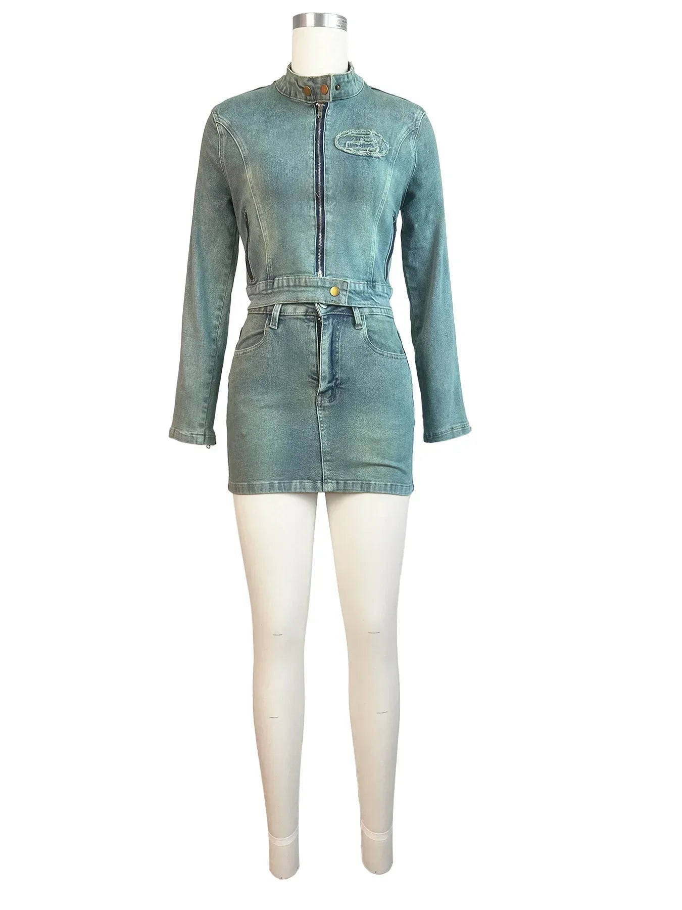 maoxiangshop - Tassel Letter Embroidery Denim 2 Piece Set Women Autumn Stand Collar Long Sleeve Zipper Jacket Tops + Mini Skirts Jeans Suits