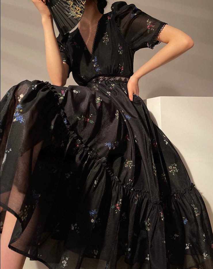 maoxiangshop Floral Dress for Women Fashion Vintage Short Sleeves V Neck Summer Dress French Style Folds Pullover Maxi Dress