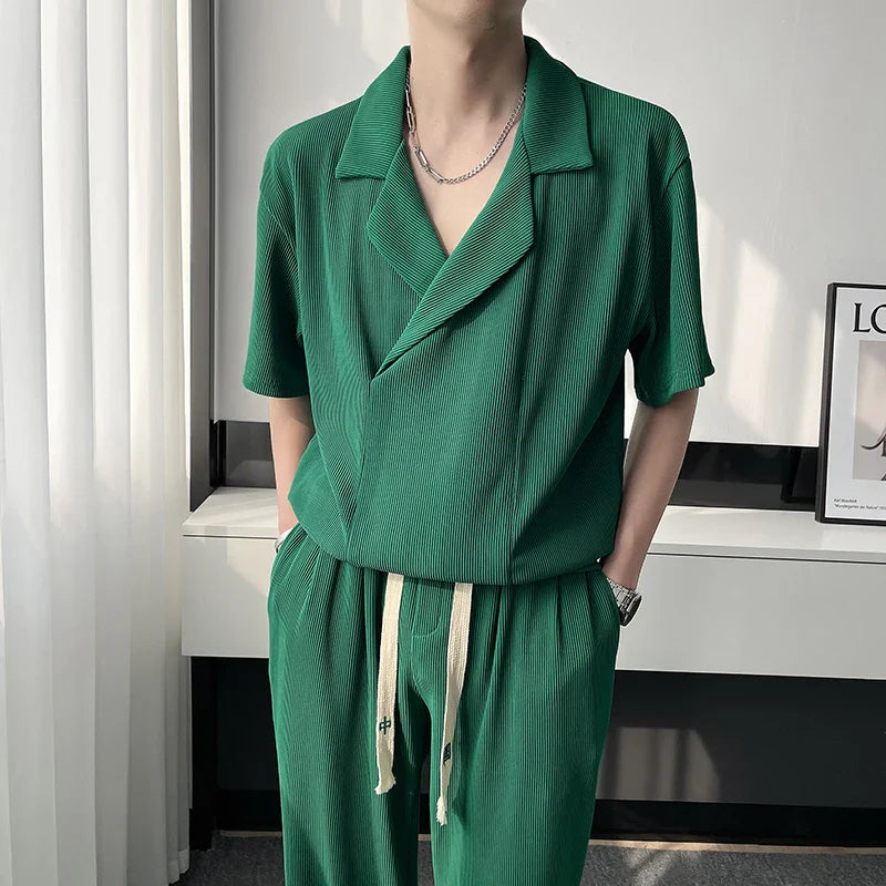 maoxiangshop Summer Pleated Sets Men Fashion Casual Short Sleeved T shirt/Trousers Two-piece Mens Korean Loose Ice Silk Sets Men 3-color
