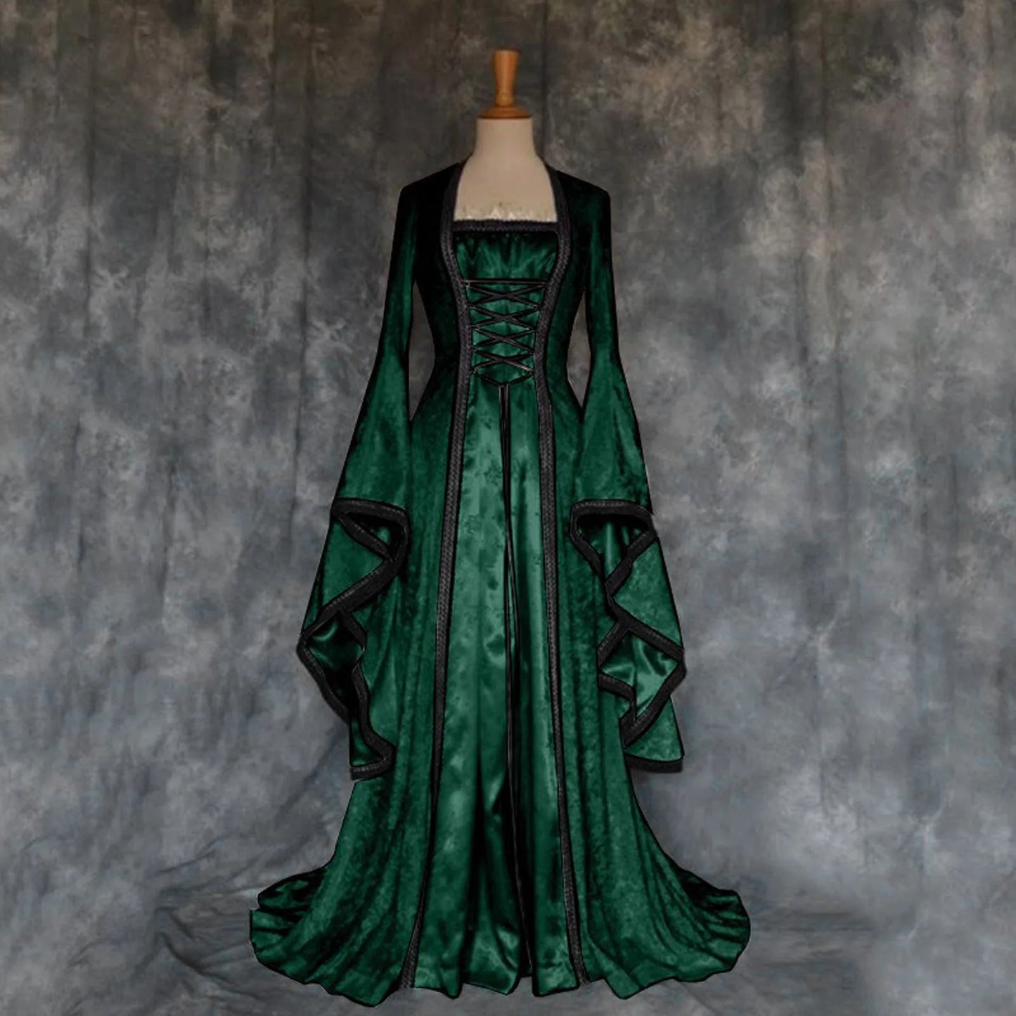 maoxiangshop - Gothic Victoria Medieval Vintage Costume For Halloween Cosplay Square Collar Long Batwing Sleeve Patchwork Lace-Up Long Dress