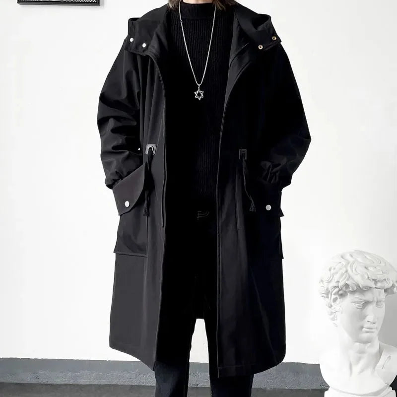 maoxiangshop Spring Autumn Army Green Windbreaker Fashion Men Mid-length Casual Hooded Coat Men Daily High Street Overcoat Male Clothes