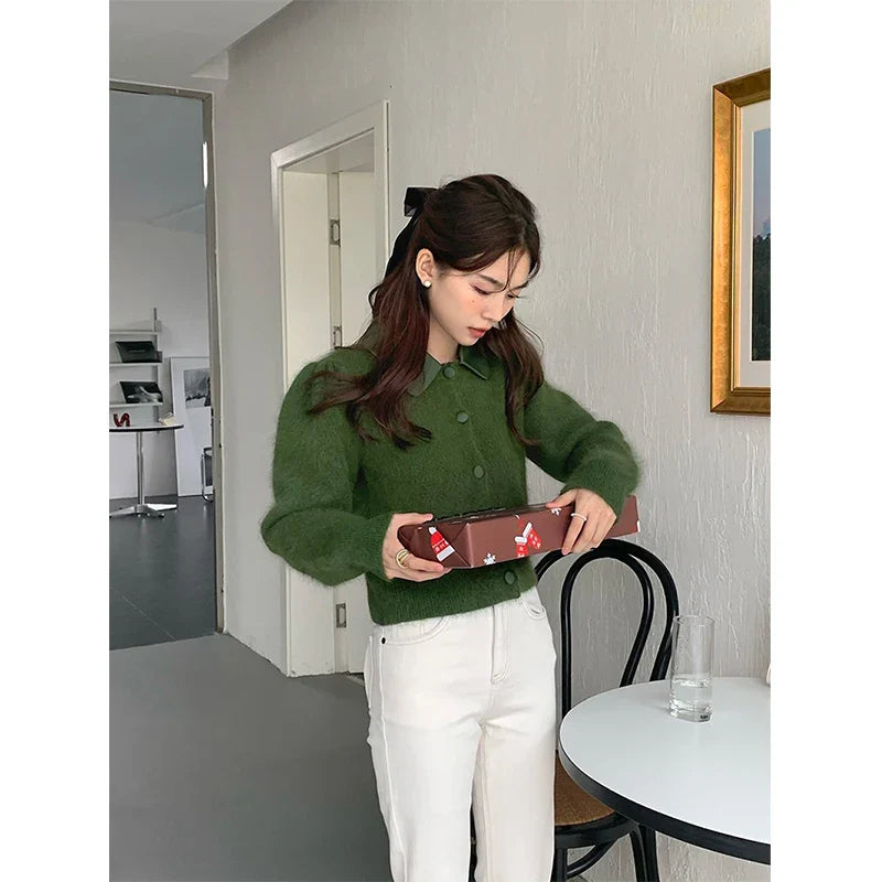 Elegant Knitted Cardigans Women Cropped Patchwork Sweater Coat Korean Solid Slim Knitwear Jackets All Match Jumper Outwear