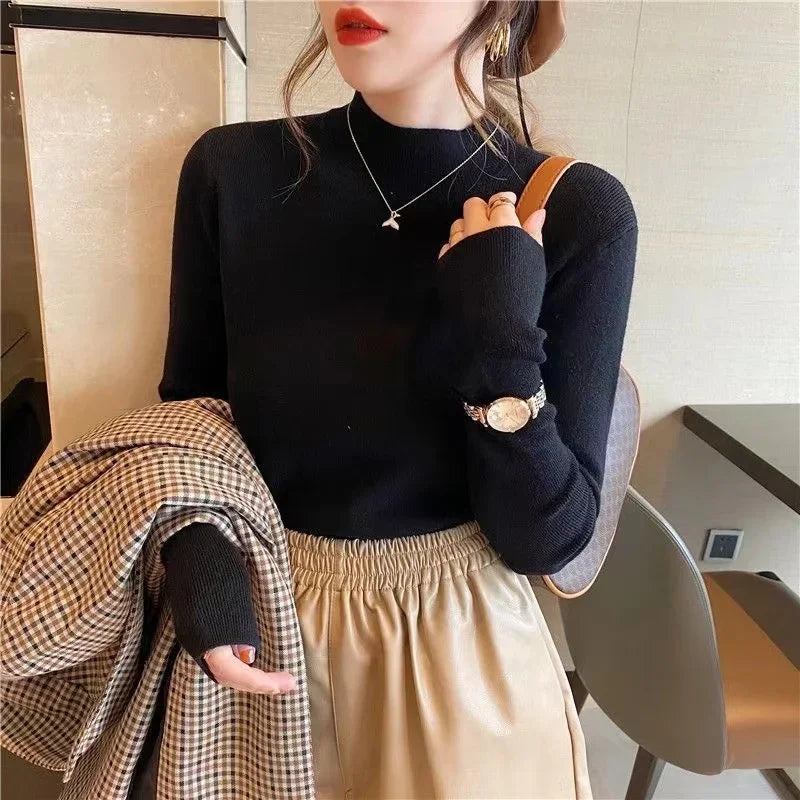 maoxiangshop Fashion Solid Color Turtleneck Women Autumn Winter Knitted Sweaters Basic Primer Pullovers Korean Sweater Slim-fit Pullover