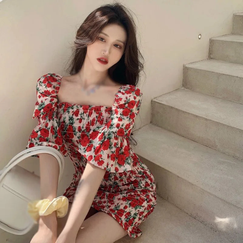 maoxiangshop Spring Summer Square Collar Floral Dress Women Temperament Slim Waist Bag Hip Skirt French Retro Dresses