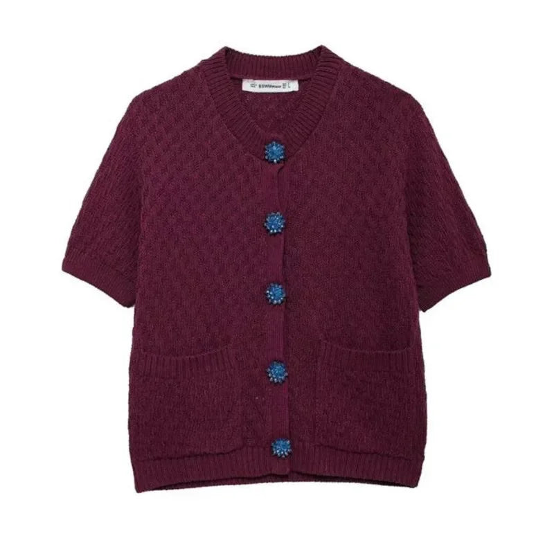 maoxiangshop - Knitted Short Cardigan Women Casual Single Breasted Sweater Female 2024 Autumn Sweater Short Sleeve Knitwear Coat
