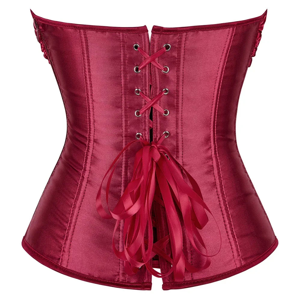 maoxiangshop - Woman Corset Vintage Satin Corsets Floral Lace Up Bustier Gothic Exotic Bustiers Romantic Bridal Outfit Medieval Party Costumes