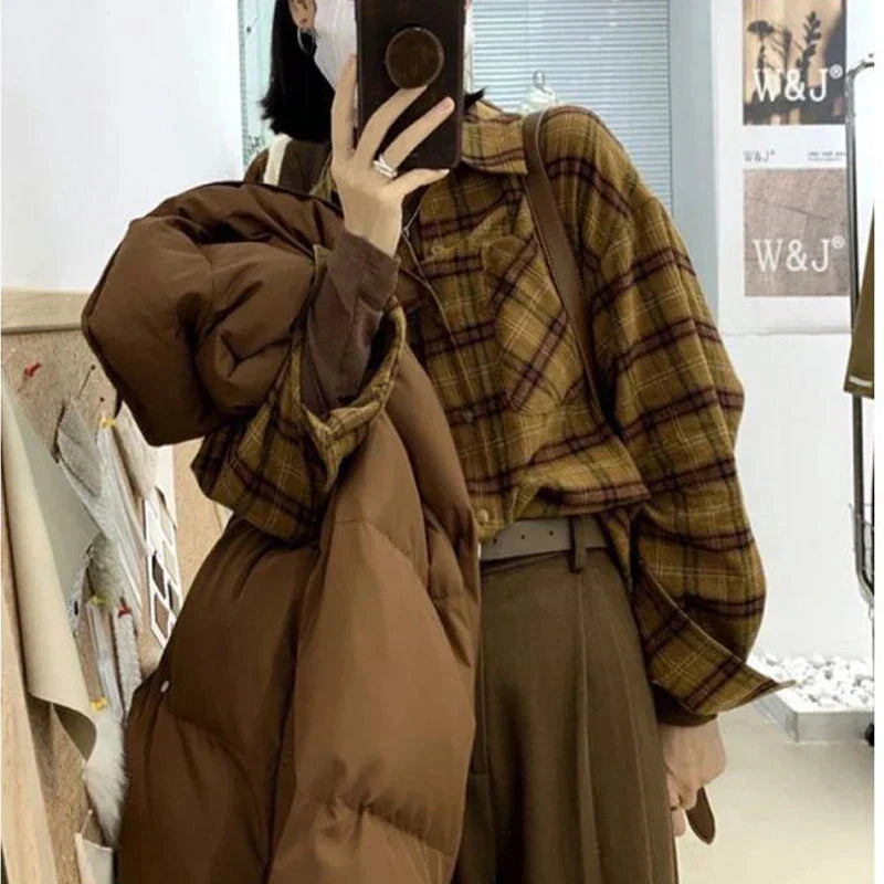 maoxiangshopVintage Plaid Shirt Women Harajuku Retro Long Sleeve Oversized Blouse Korean Streetwear Turn Down Collar Loose Casual Tops