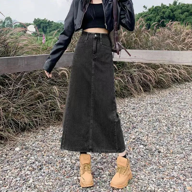 Lucyever Split Denim Skirt for Women 2024 Spring Summer New Y2K High Waist Long Skirt Female Vintage Blue A-Line Jean Skirts