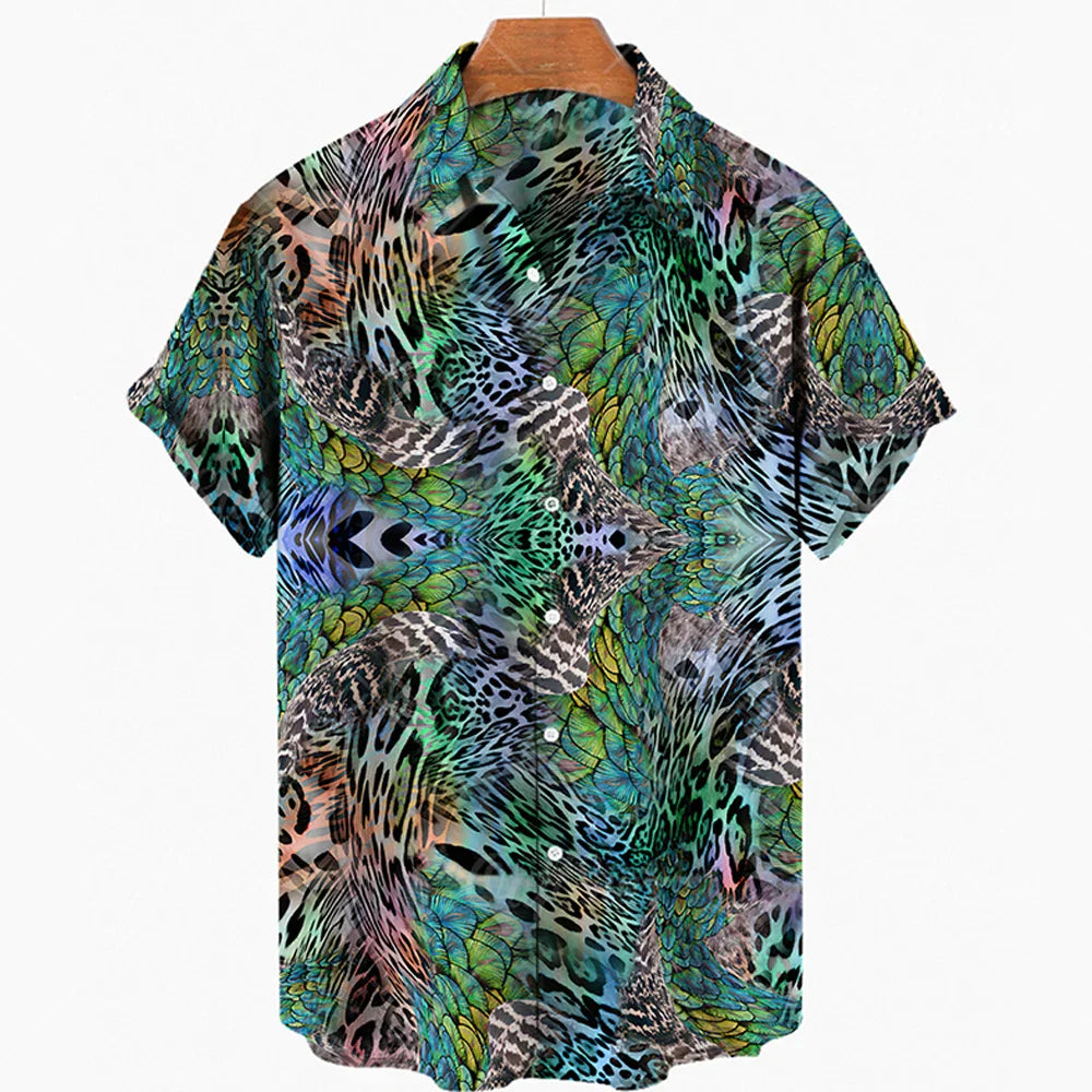 maoxiangshop Short Sleeve Leopard Men's Shirts For Man Clothing Hawaiian Fashion 3D Print Thin Lapel Floral Casual Oversized Imported Camisa