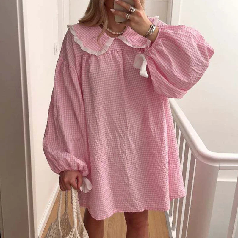 maoxiangshop - Sweet Stitching Plaid Party French Dress 2024 Autumn Long Sleeve Lapel Collar Mini Dress Women Elegant Swing High Street Dress