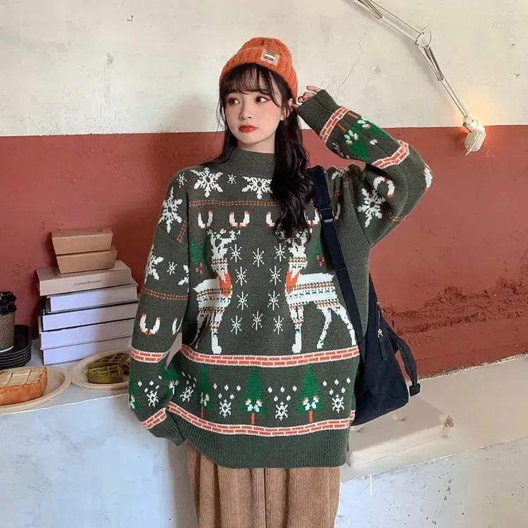 maoxiangshop - Women Christmas Autumn Winter Trend Fashion Loose Mock Neck Long Sleeve Knitwear Ladies Casual All-match Sweet Knitting Tops