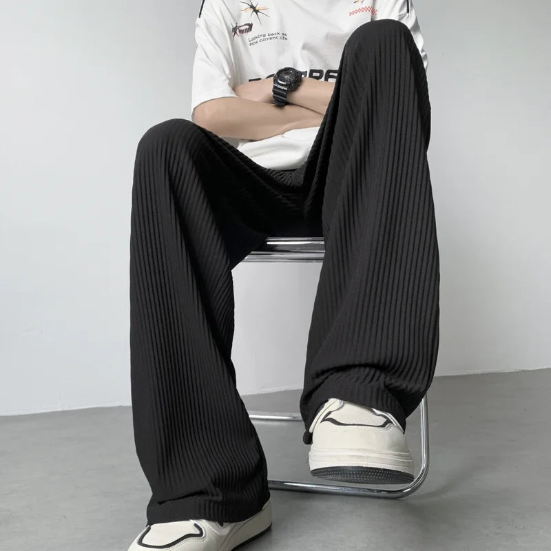 maoxiangshop Summer Texture Straight Pants For Men Korean Fashion Baggy Wide-leg Trousers Casual Drape Pleated Striped Y2K Pantalones Hombre