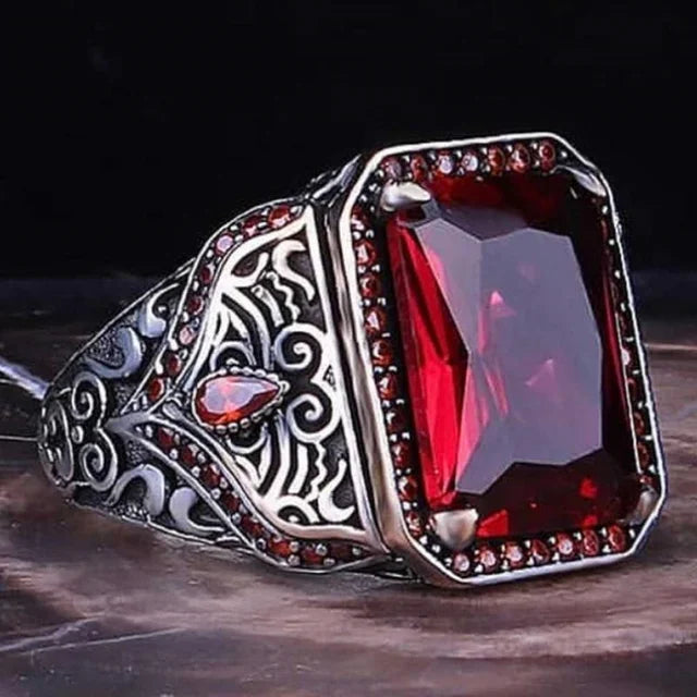 maoxiangshop Retro Handmade Turkish Signet Rings for Men Ancient Silver Color Carved Ring Mystic Zircon Inlay New Punk Motor Biker Ring