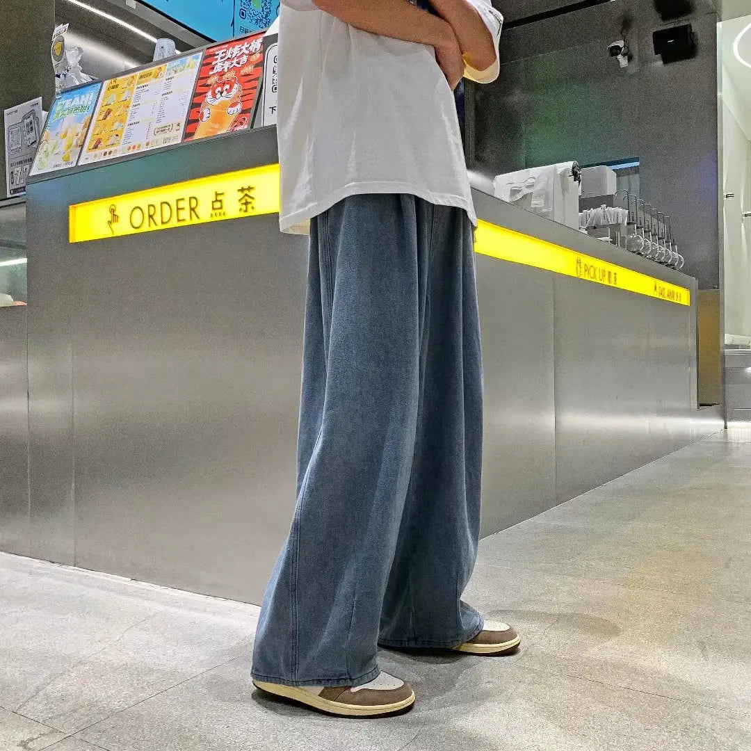 maoxiangshop Men's Pure Color Cargo Jeans Simple All-match Wide Leg Pants Trousers Men Hip Hop Streetwear Oversized 90s Vintage Fashion Denim