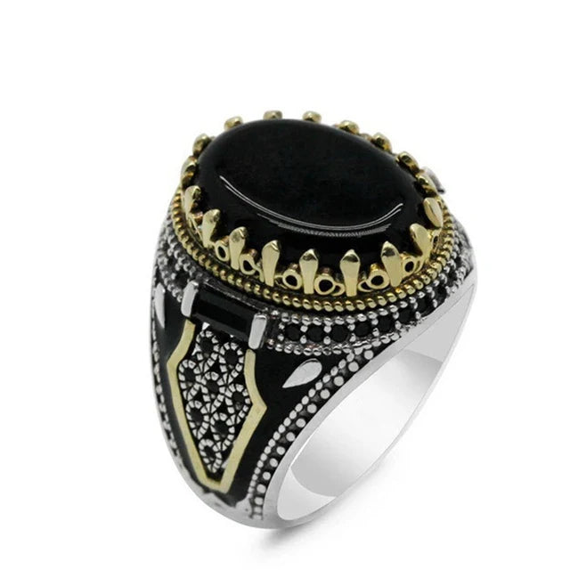 maoxiangshop Retro Handmade Turkish Signet Rings for Men Ancient Silver Color Carved Ring Mystic Zircon Inlay New Punk Motor Biker Ring