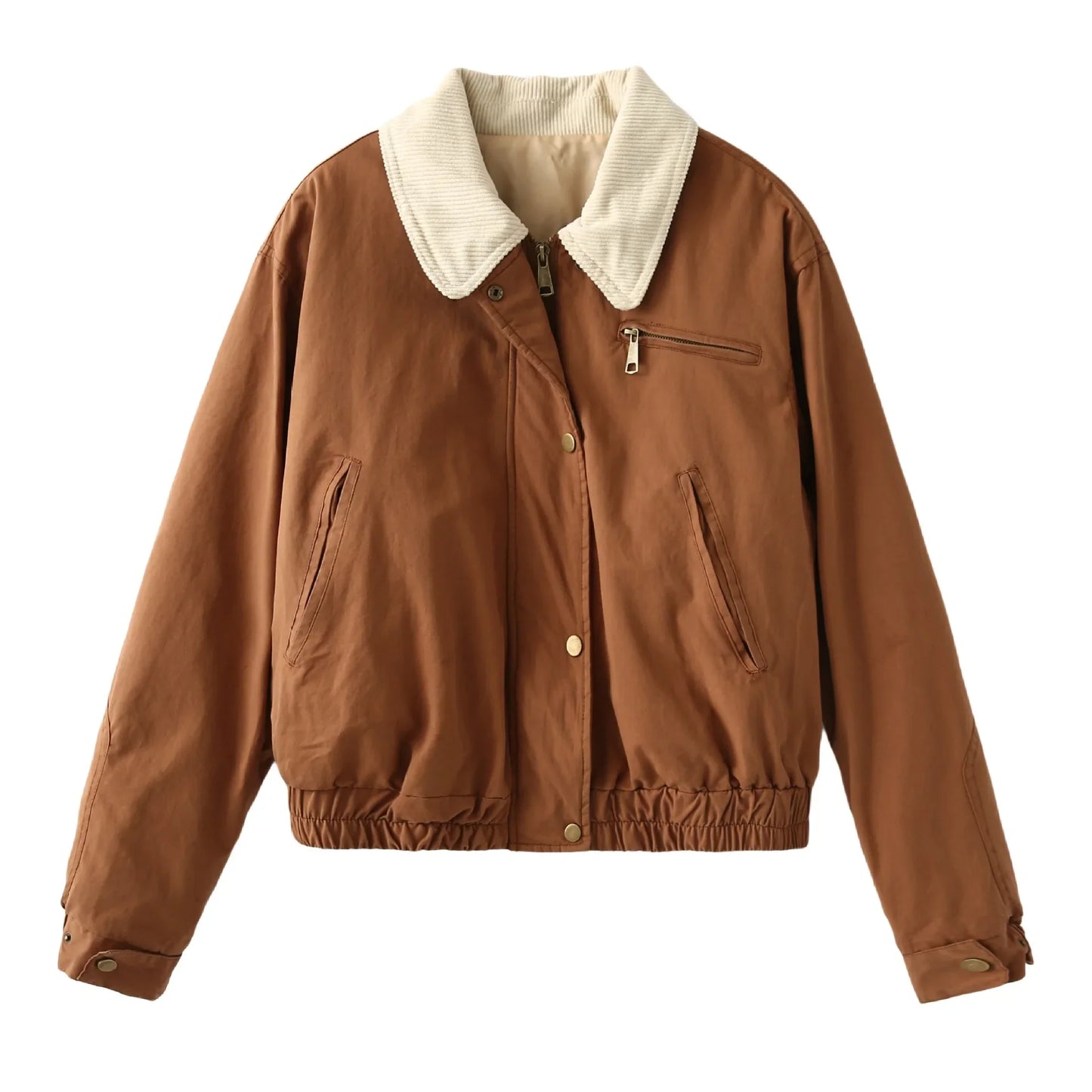 maoxiangshop - Autumn New Solid Zipper Jacket Women Chic Button Up Turndown Collar Cropped Jacket Streetwear Vintage Long Sleeve Outerwear 2024