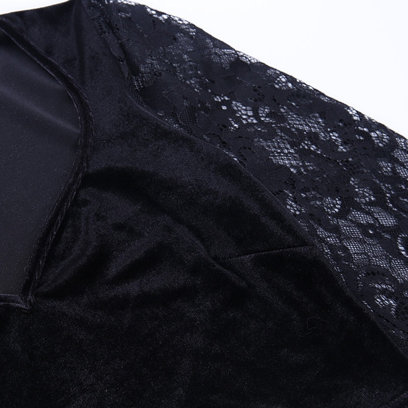 maoxiangshop 90s Vintage Velvet Black Crop Top Elegant Lady Lace Flare Sleeve V Neck T-shirt Harajuku Grunge Retro Tees Women Gothic Clothes