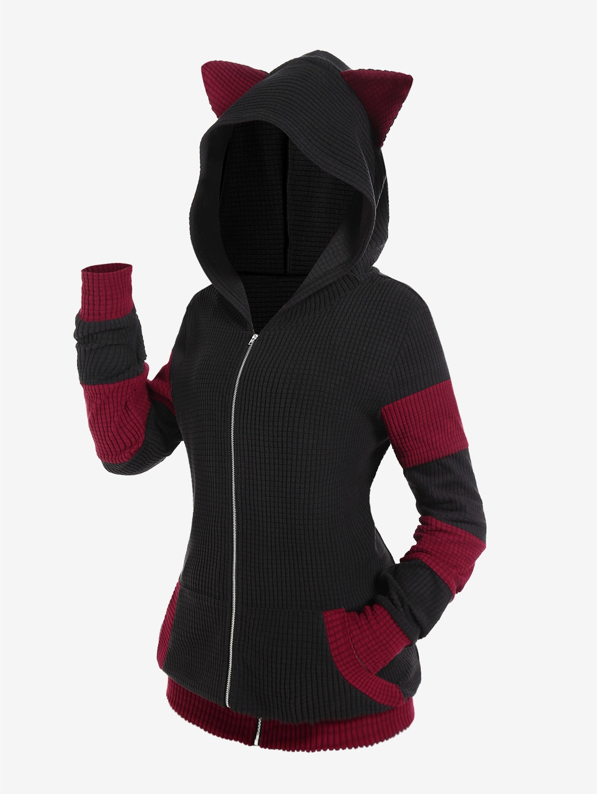 Cute Fall,Winter Women Colorblock Jacket Cat Ear Ribbed Hooded Warm Long Sleeve Zipper Coat 4XL Outwear Tops New Arrival