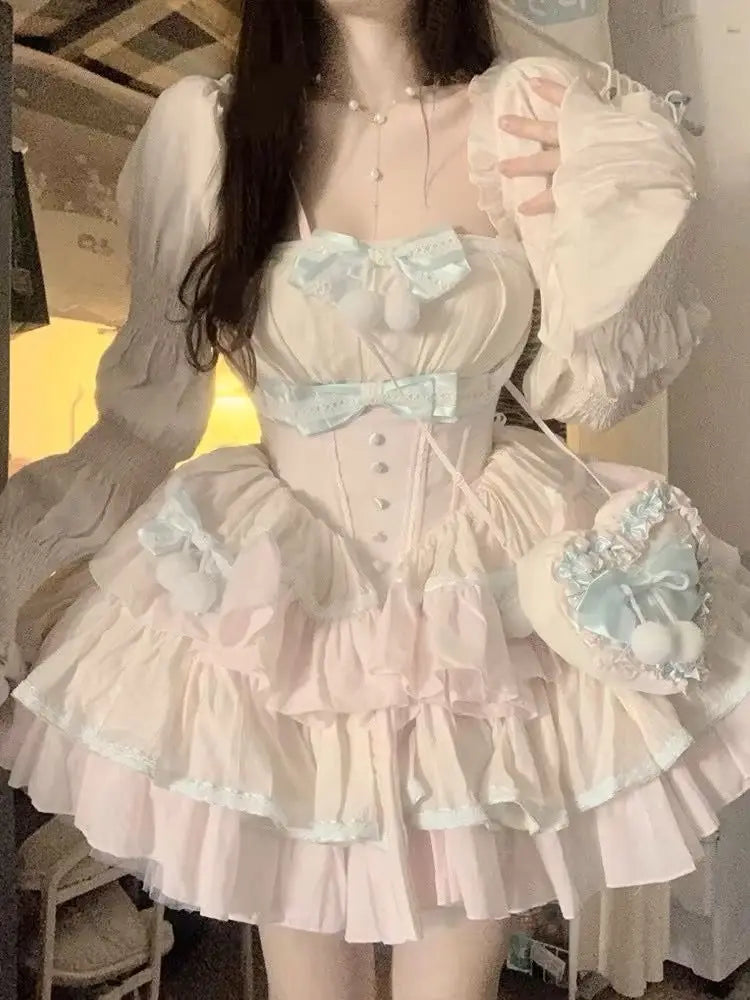 maoxiangshop - Autumn Lolita Kawaii Bow Dress Women Japanese Sweet Princess Dress Female Korean Fashion Print Cute Party Mini Dress 2024 New