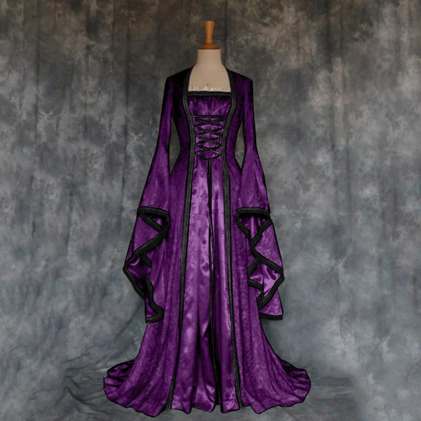 maoxiangshop - Gothic Victoria Medieval Vintage Costume For Halloween Cosplay Square Collar Long Batwing Sleeve Patchwork Lace-Up Long Dress