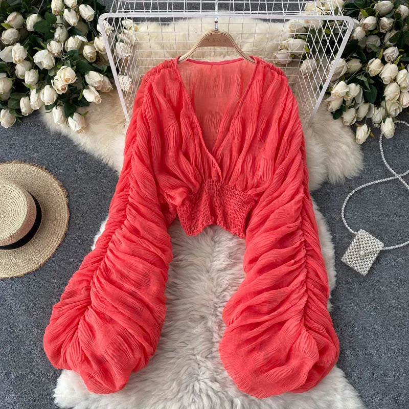 maoxiangshop-Women Sexy Chiffon Short Blouse Female See Through Super Long Sleeve Blusas Purple/Green/Black/White Folds Party Tops 2022 New