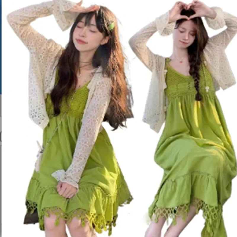 Dress holiday wind fruit green skirts summer cool lazy wind hook flower hollow halter dress two-piece suit sweet fashion fresh