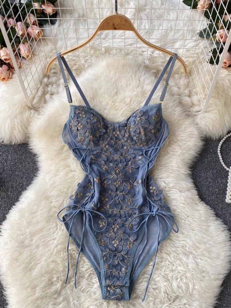 maoxiangshop Sexy See Through Mesh Patchwork Flowers Embroidery Bodysuit Women Adjustable Spaghetti Strap Padded Lace Up Bandage Body Suits